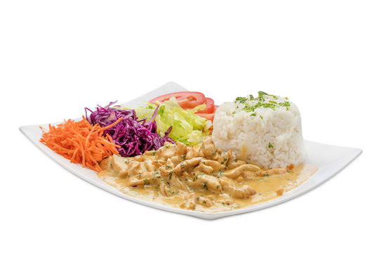 Poulet Rahmsauce Salat Reis Teller