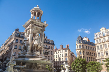 Place des Jacobins Square in Lyon with its iconic fountain from the 19th century. It is one of the...