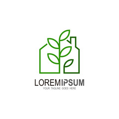 Comfortable housing logo, leaf and building icon, tree symbol