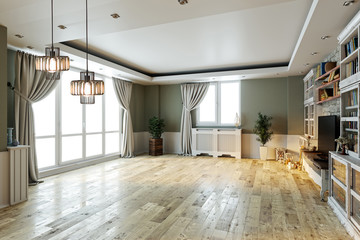 empty interior design living room. balcony with large windows. Scandinavian style. TV unit and library. 3D illustration