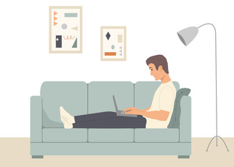 Man stay at home, distant, remote work. Businessman with laptop sits on sofa couch. Guy freelancer online education, shopping, quarantine at room. Lockdown, cozy home workplace, ecommerce flat vector.