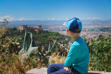 A child looks at the panoramic view of the Alhambra.