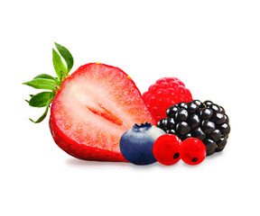 Isolated strawberry, raspberry, blackberry, blueberry and red currants on a white background