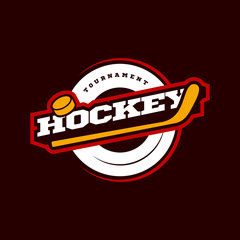 Hockey sport logo. Modern professional sporty hockey championship or tournament Typography in retro style with stick and puck. Vector design emblem, badge and sporty template logotype design.