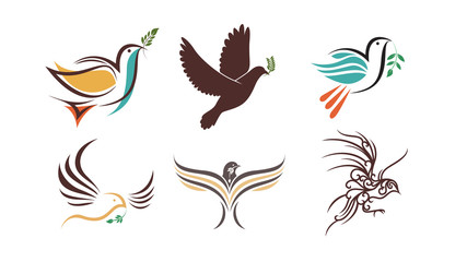 Flying dove with green branch. Flat design style vector illustrations set of icons and logos. Icon or logo template. Geometrical cute bird illustration.