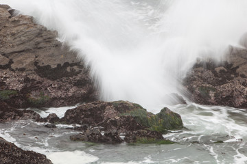 Powerful waves continuously crash on the rocky coastline of northern California. This beautiful region is known for its amazing scenery and is accessible via the Pacific Coast Highway.