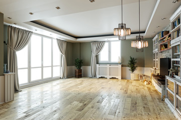 empty interior design living room. balcony with large windows. Scandinavian style. TV unit and library. 3D illustration