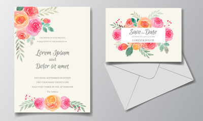 Wedding invitation card set template with floral and leaves watercolor