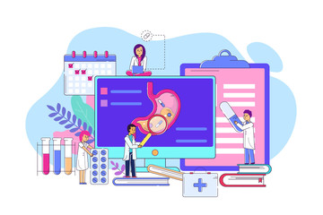 Fototapeta na wymiar Examination stomach on electronic device concept line vector illustration. Man and woman character in medical coat examining internal organ on screen. Medicine, tablet for good digestion.