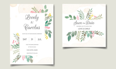 Wedding invitation card set template with floral and leaves watercolor