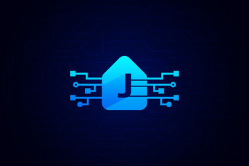 Modern Technology Connection Logo with Letter J and house shape. Letter J Logo Design template with Blue Background.