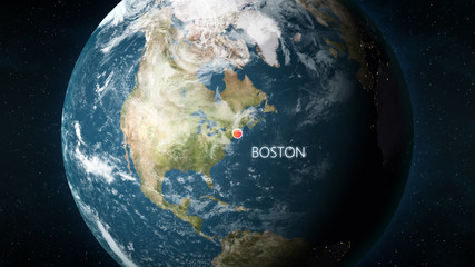 3D illustration depicting the location of Boston, Massachusetts in the United States of America, on a globe seen from space.