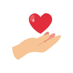 Heart over hand flat style icon vector design