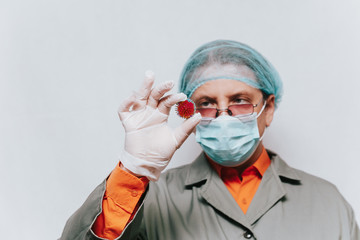 Doctor present of corona virus cells. mockup ball in hand. Coronavirus, coronavirus concept