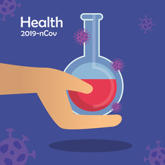 hand and tube test with particles 2019 ncov vector illustration design