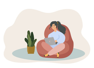Work online from home during quarantine. Woman with a computer in an armchair. Freelancer or training. Cute vector in a flat style. Social distancing and self-isolation during corona virus COVID-19.