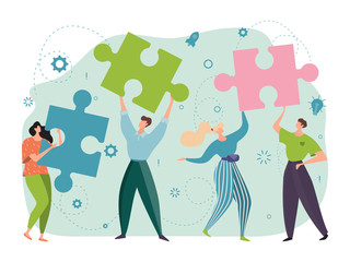 Teamwork, cooperation concept, puzzles in hands successful, joyful people working together design, cartoon vector illustration. Partnership men and women achieving success, corporate brainstorming.