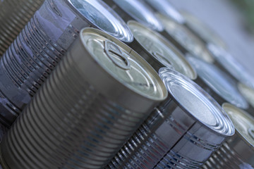 A neatly organised selection of un-labelled tinned foods. 