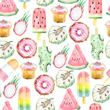 Watercolor seamless pattern tropical fruit and ice cream. Summer party food for digital paper or textile fabric, wrapping paper, party card background.