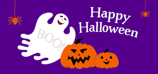 Happy halloween empty banner with ghost and pumpkin cartoon. Blue background Holiday spooky template, template blank. Ghostly fear background banner, backdrop. Vector design elements