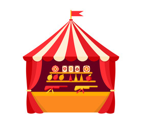 Amusement park, shooting gallery flat illustration for game. Target bottle, balloon and apple. Fairground illustration flat design. Summer kid fun time outdoor leisure. Cartoon vector
