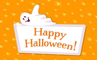 Happy halloween empty banner with ghost cartoon. Holiday spooky template, cover orange template blank. Ghostly fear background banner, backdrop of holiday. Vector design elements