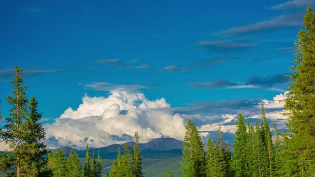 Far off rolling Clouds ontop of Mountain range with Pine Tips Time Lapse, Timelapse, Time-Lapse, 4K