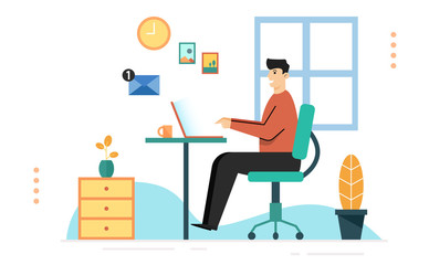 Man sitting and answering an email at home,Concept of working at home,Vector illustration
Banner background website landing page
