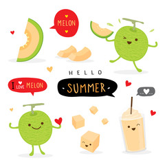 Set of fresh Japanese melons, orange melon or cantaloupe melon with smoothie. Fruit Summer Cartoon Smile Funny Cute Character Vector