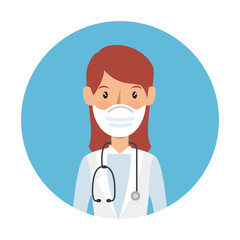 doctor female using face mask with stethoscope in frame circular vector illustration design