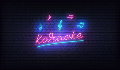 Karaoke neon. Neon sign with musical notes and Karaoke lettering