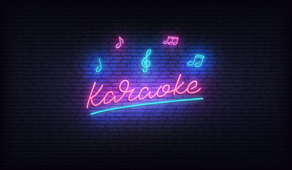 Obraz premium Karaoke neon. Neon sign with musical notes and Karaoke lettering