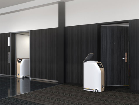 Delivery Robots Working In Hotel. Touchless Delivery Concept. 3D Rendering Image.