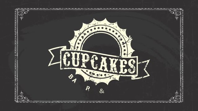 Motion Of Elements Forming Bakery And Cafe Design With Wavy Circle Graphic And Cupcake Doodle With Cherry On Top Using Vintage Western Lettering On Wiped Chalkboard With Elegant Frame