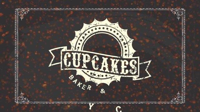 cookery and cafe design with irregular curve graphic and cake cartoon with cherry on top manipulation old-fashioned west lettering on wiped blackboard with formal framing