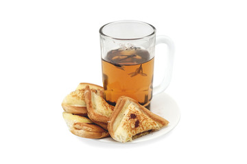 Big glass of hot tea with hand made toast isolated on white