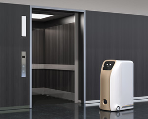 Delivery robot waiting to enter elevator in lobby or hotel. Touchless delivery concept. 3D rendering image. © chesky