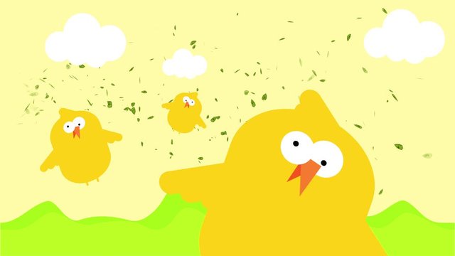 animation of young yellow chicken with funny looking faces entering frame bouncing surrounded by bunch of green leaves flying on landscape background with mountains and clouds