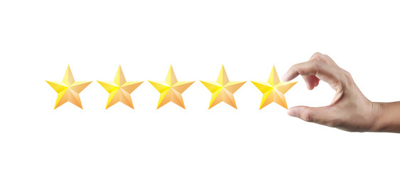 Fototapeta na wymiar Hand of touching rise on increasing five stars. Increase rating evaluation classification concept