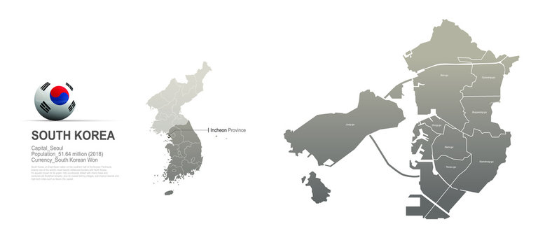 incheon map. detailed south korea city, provinces vector map series. 
