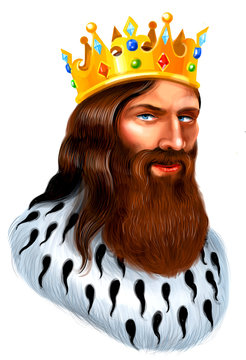 Medieval bearded king in golden crown. Digital illustration