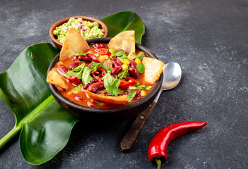 Mexican black bean soup with homemade fried tortillas totopos nachos served with guacamole