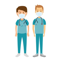 group men paramedics using face mask isolated icons vector illustration design