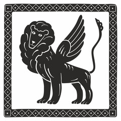 Silhouette of a mythological winged lion. Decorative graphics stylization of medieval miniatures. Vector hand illustration