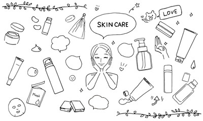 スキンケアアイテムとスキンケアをする女性のイラストセット
