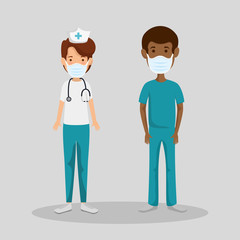 male paramedic with nurse using face mask vector illustration design