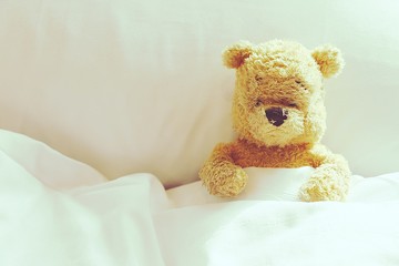 Teddy bear is on bed in bedroom for quarantine period during covid 19