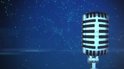 Close-up of retro microphone at and concert, podcast on blue background flash of light and podcast connection.3d rendering