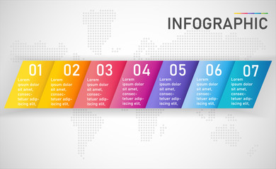 Obraz premium infographic list template element with 7 points and icons. use for describing or showing workflow, task, timeline, process, information on slide presentation, poster, brochure, banner, etc.