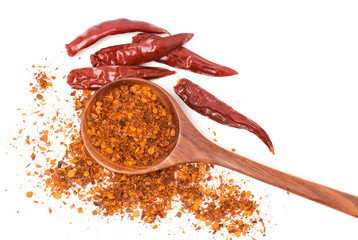Cayenne pepper (Ground chili) and dried chilli isolated on white background,Top view,copy space.